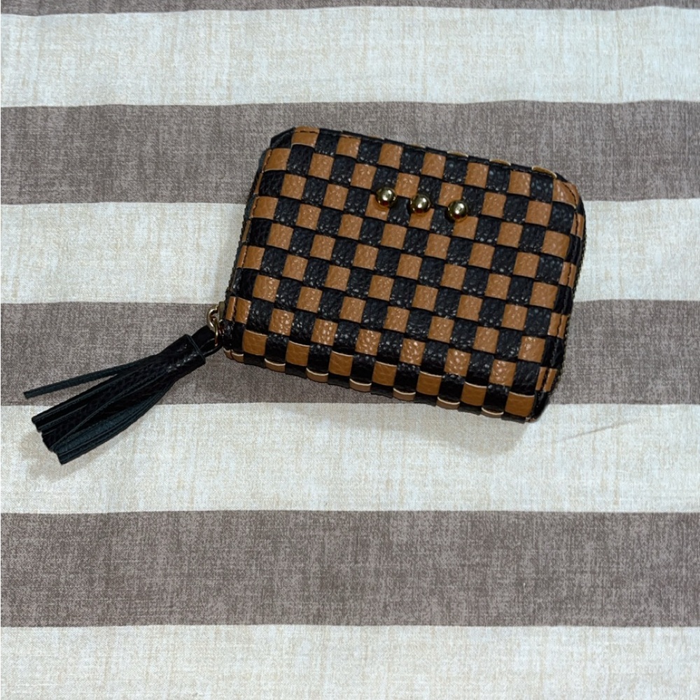 Checkerboard Zip-Around Tassel Wallet - Black & Brown